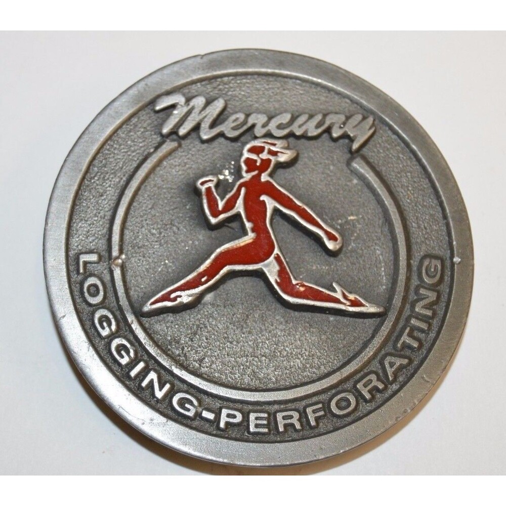 Vintage MERCURY Logging Perforating Large Heavy Round Pewter Belt Buckle Rare